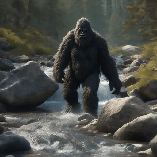 Prompt: 4k highly detailed, high resolution, color, hairy black Sasquatch walking on boulders in a stream