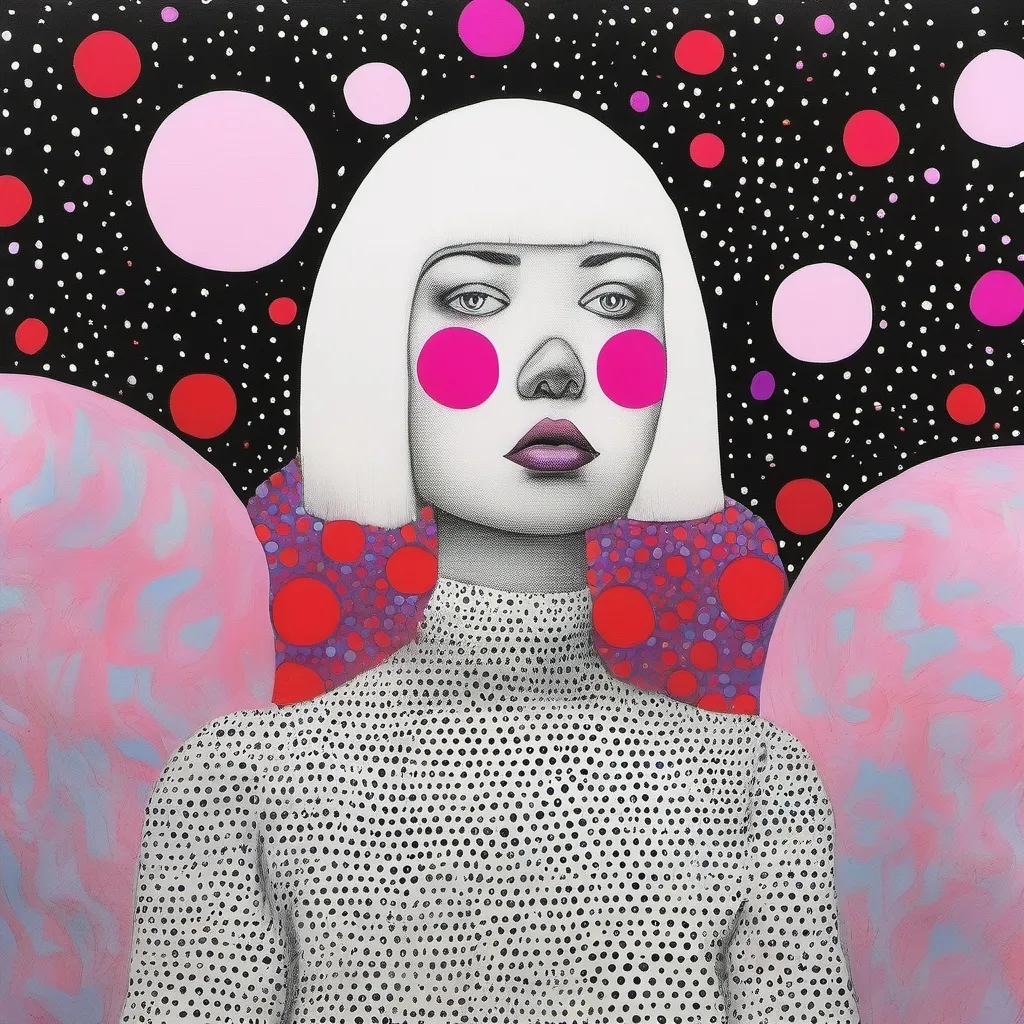 Prompt: a girl in pink violet hair looking straight, slim, wearing Yayoi Kusama costume from her 60s works - white jump suit, red dots, behind her surrealistic moon