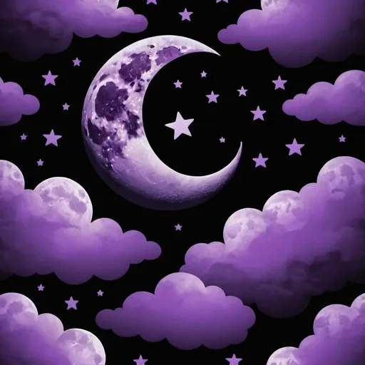 Prompt: a black background with a moon and stars with clouds shaded with purple
