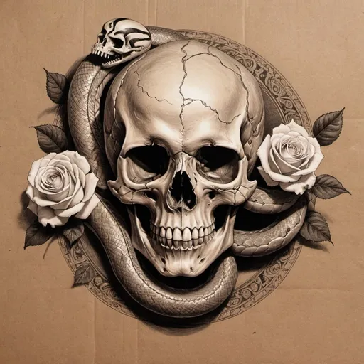 Prompt: Pencill  drawing of a skull with a snake and roses on brown paper