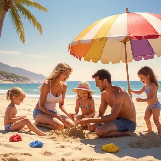 Prompt: Create beautiful family in the beach 