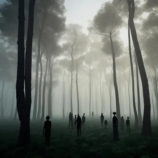 Prompt: shadow people in forest, floating in the sky, lots of shadows, standing, floating, hyperrealistic, 8k, extremely detailed, foggy, grainy, very old