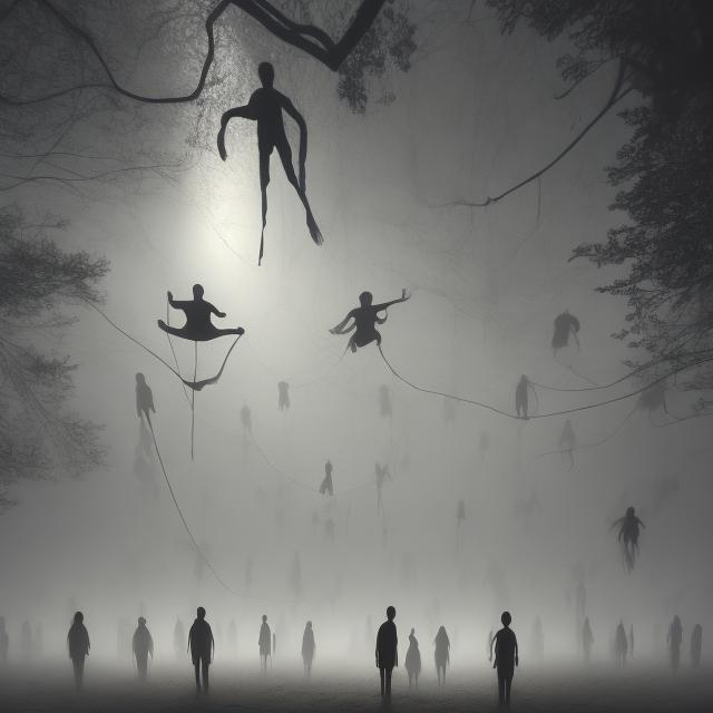 Prompt: Shadow people floating above you, hyperrealistic, 8k, extremely detailed, multiple figures, standing straight, foggy atmosphere, grainy texture, blurry, very old, eerie lighting, high quality, hyperrealism, supernatural, mysterious, foggy, atmospheric, vintage, haunting, highres, detailed shadows, surreal