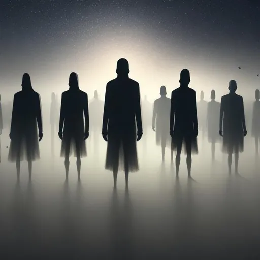 Prompt: shadow people floating above you in the sky, multiple, standing straight, hyperrealistic, 8k, extremely detailed, foggy, grainy, blurry, very old