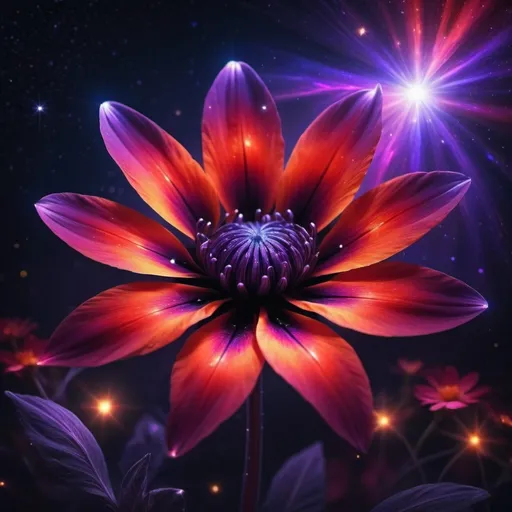 Prompt: A flower that is composed of the colors red, black, and purple shining brightly in the cosmos