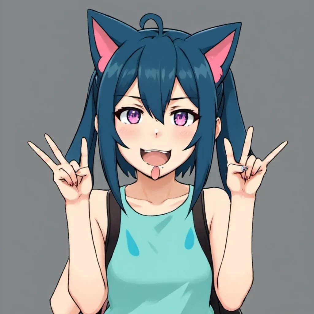 Prompt: cute anime character with cat ears and a playful expression, holding middle finger, discord pfp