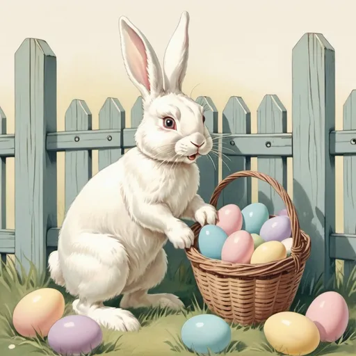 Prompt: vintage illustration of white Easter bunny with basket full easter eggs, pastel colors, fence