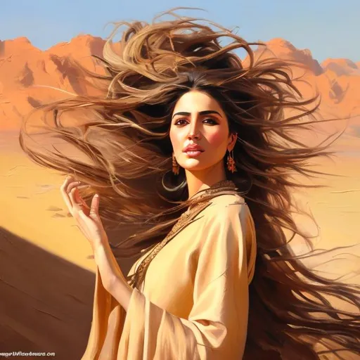 Prompt: Kurd lady with flowing hair in desert, oil painting, traditional clothing, wind-blown hair, sun-soaked landscape, warm earth tones, golden hour lighting, detailed facial features, high quality, oil painting, traditional, desert landscape, flowing hair, warm tones, golden hour, detailed facial features, professional, warm lighting