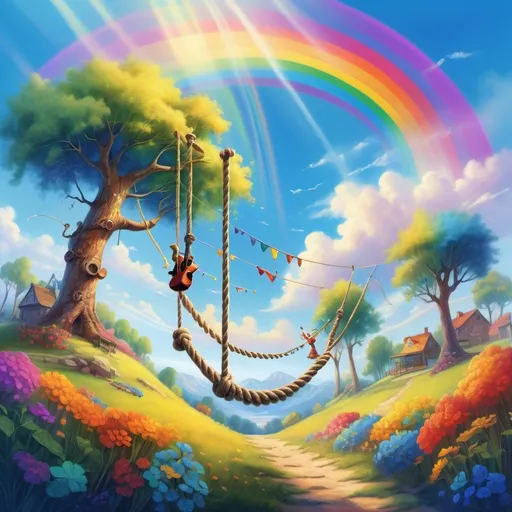 Prompt: (singing on a rope), (under a vibrant blue sky), (a bright rainbow arching above), lively atmosphere, cheerful ambiance, whimsical setting, colorful details, ropes anchored to inviting trees, sunlight illuminating the scene, high-quality, ultra-detailed, dreamlike, fantasy artistic style.