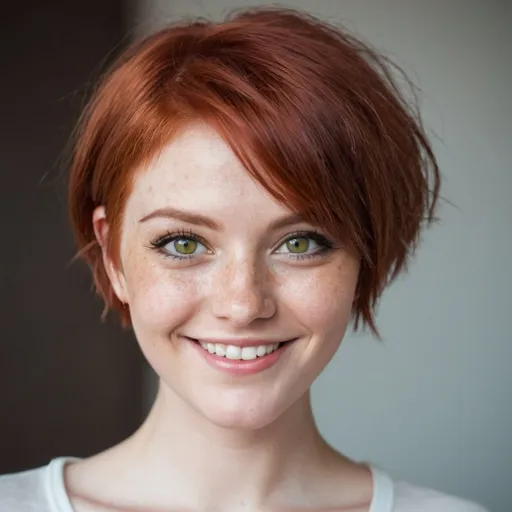 Prompt: green eye girl in her 20s with nice sly smile with short red hair, slight skin blemishes