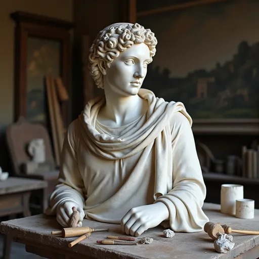 Prompt: partially made marble statue with a renaissance artist with tools next to it
