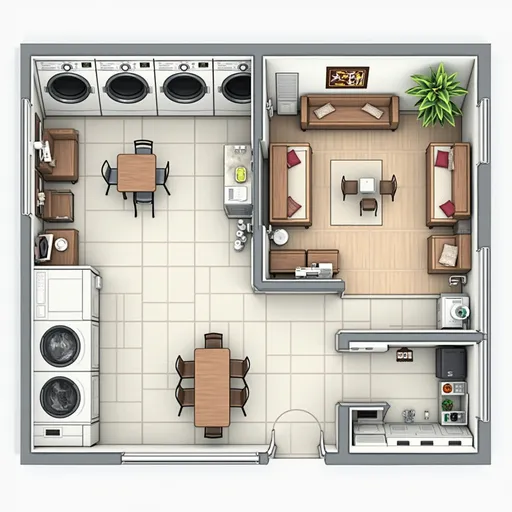 Prompt: Make a floor plan for combined laundromat and coffee shop. with 6 Washing Machines, 6 Tumble Dryer	
3 Laundry Carts, 2 Ironing Equipment
3 Shelving/Garment Racks		
1 POS Cash Register. Please take note also of the following: Coffee Machine
Coffee Brewer Moka Pot
Pour Over Coffee Dripper
Pour Over Long Spout Drip Kettle
Professional Industrial Blender
Commercial oven
Baking Tools
Refrigerator
please divide the one establishment for both business with chairs and tables as well as sofas and airconditioner in the dining and kitchen as well as please also inlcude storage room for the supplies. the measure of the place is 25 square meters please inlcude dimentions
