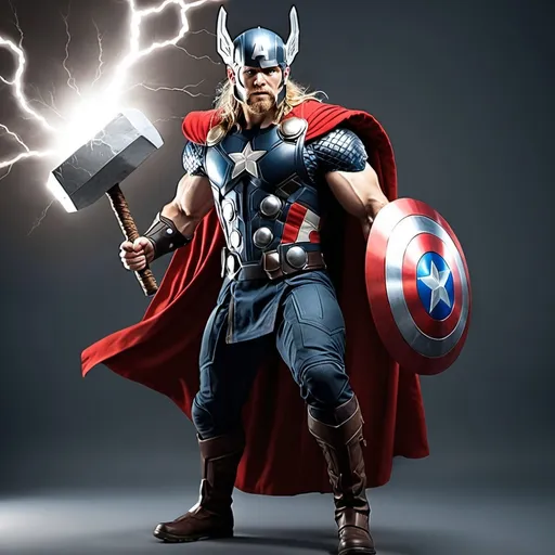 Prompt: Create thor with having strombreaker lightning  and captain America sheild