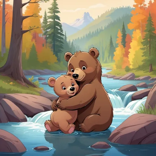 Prompt: A disney cartoon image of a cute baby bear snuggling with a momma bear with a colorful forest background and a river flowing nearby