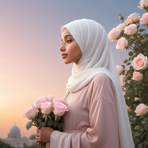 Prompt: A girl (poised and reflective) looking up at the sky, holding back, delicately grasping white and pink roses, wearing a graceful hijab and flowing abaya. The scene is bathed in soft, warm lighting, creating a serene and hopeful atmosphere. The background features a gentle gradient of tranquil hues, enhancing the sense of longing and beauty. (Ultra-detailed) and (4K) quality image.