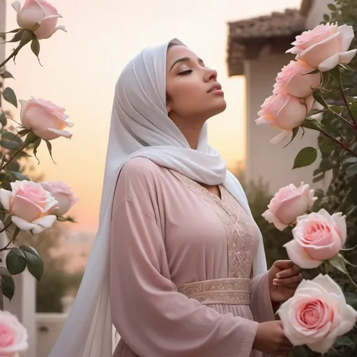 Prompt: A girl (poised and reflective) looking up at the sky, holding back, delicately grasping white and pink roses, wearing a graceful hijab and flowing abaya. The scene is bathed in soft, warm lighting, creating a serene and hopeful atmosphere. The background features a gentle gradient of tranquil hues, enhancing the sense of longing and beauty. (Ultra-detailed) and (4K) quality image.