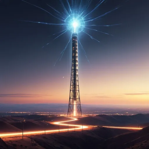 Prompt: Data traveling, light speed, future, human thought, tesla tower, electricity