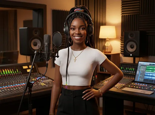 Prompt: This is a highly detailed, digital CGI image depicting a young Black woman in a modern recording studio. She has a medium-dark skin tone, large expressive brown eyes, and long, neatly braided hair adorned with small hair ties. She is wearing a white, short-sleeved, cropped t-shirt that reveals her midriff, and high-waisted black pants with a belt. Her accessories include large black over-ear headphones, gold hoop earrings, a gold cross necklace, and a gold bracelet on her right wrist.

She stands confidently in front of a professional microphone on a stand, positioned slightly to her left. Her right hand rests on her hip, and she is smiling warmly at the viewer. The background reveals a well-equipped recording studio with various pieces of audio equipment. To her left, there is a control board with numerous buttons and knobs, and to her right, there is a digital mixing console with a colorful screen displaying audio levels and settings. Behind her, two large studio monitors are placed on stands, and a lamp with a warm glow is visible on a shelf. The overall lighting is soft and warm, creating a cozy and inviting atmosphere.