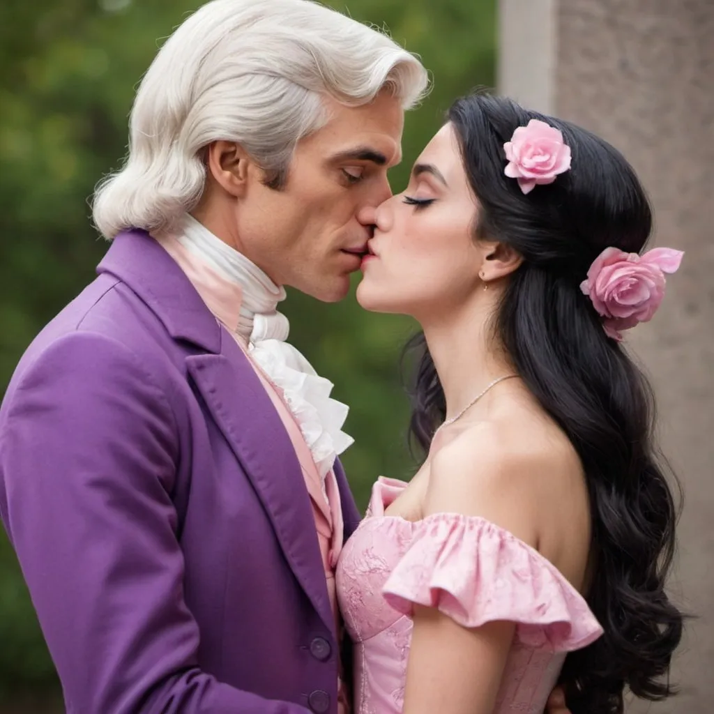 Prompt: Hot young Thomas Jefferson wearing purple suit. with a girl with split pink and black hair. wearing a pink dress. Kissing each other at their wedding 