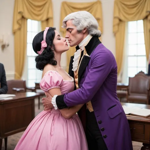 Prompt: Hot young Thomas Jefferson wearing purple suit. with a girl with split pink and black hair. wearing a pink dress. Kissing each other while his wife watches