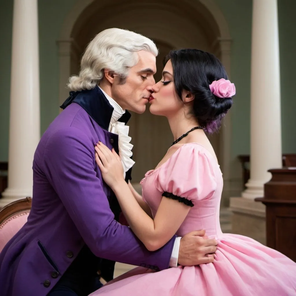 Prompt: Hot young Thomas Jefferson wearing purple suit. with a girl with split pink and black hair. wearing a pink dress. Kissing each other 