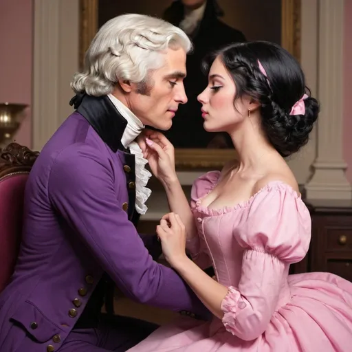 Prompt: Hot young Thomas Jefferson wearing purple suit. with a girl with split pink and black hair. wearing a pink dress. Kissing each other while his wife watches (3some)
