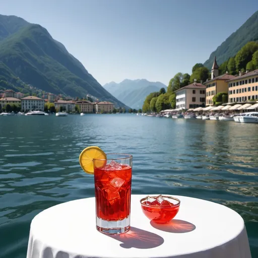 Prompt: please create a a picture with the lake Lugano, an oldtimer, a table with a Campari drink. The picture should be a modern art print