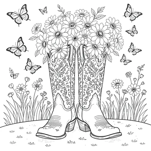 Prompt: Adult coloring book page black and white full page with spring flowers covering cowboy boots with butterflies 