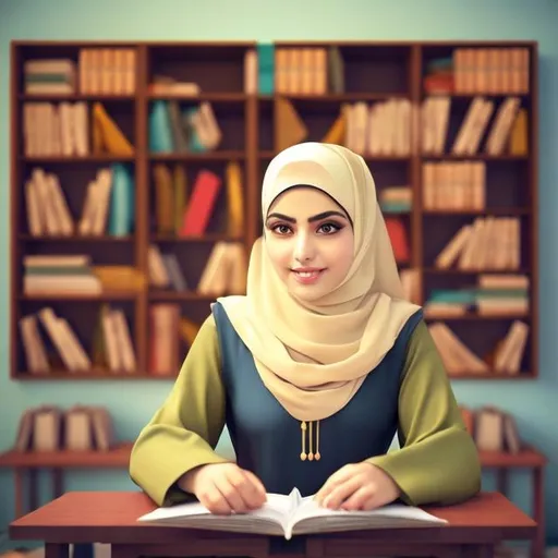 Prompt: Islamic-attired female teacher in a classroom, traditional Islamic attire, bookshelves, serene and educational setting, high quality, realistic, Islamic art style, warm tones and soft lighting