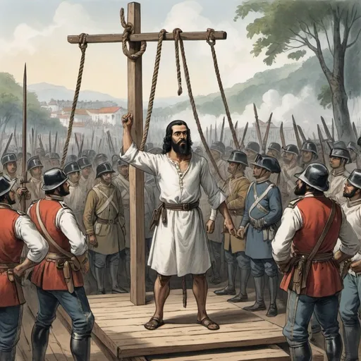 Prompt: Create a detailed illustration of the execution of Tiradentes, a leader of the Inconfidência Mineira, on April 21, 1792, in Rio de Janeiro. The scene should depict a colonial setting with a crowd of onlookers. Tiradentes, with long hair and a beard, should be dressed in a simple white tunic, standing on a wooden platform surrounded by soldiers. A gallows with ropes and a sturdy wooden structure should be visible in the background. The atmosphere should be dark and tense, reflecting the seriousness of the event
