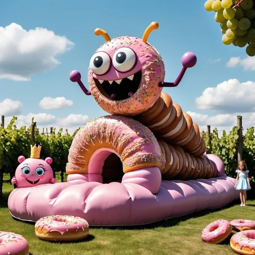 Prompt: a fantasy-style caterpillar made of donuts jumping on a bouncy castle together with a 7-year old princess, and a vineyard on the background
