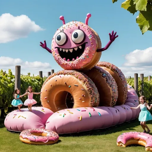 Prompt: a fantasy-style caterpillar made of donuts jumping on a bouncy castle together with a 7-year old princess, and a vineyard on the background