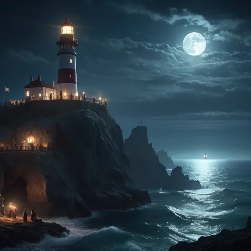 Prompt: fantasy scene of a lighthouse celebration, (dark color scheme), ethereal lighting, shadowy cliffs, flickering lanterns casting glows, moonlight shimmering on the ocean, mystical ambiance, hauntingly beautiful sky, people adorned in ceremonial attire, distant ships adorned with lights, serene but magical atmosphere, (4K) ultra-detail, enchanting vibe.