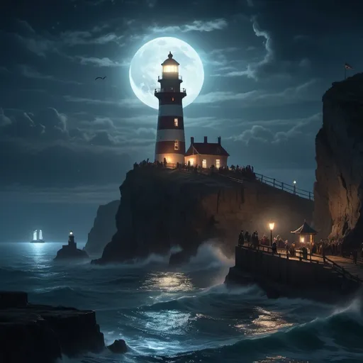 Prompt: fantasy scene of a lighthouse celebration, (dark color scheme), ethereal lighting, shadowy cliffs, flickering lanterns casting glows, moonlight shimmering on the ocean, mystical ambiance, hauntingly beautiful sky, people adorned in ceremonial attire, distant ships adorned with lights, serene but magical atmosphere, (4K) ultra-detail, enchanting vibe.