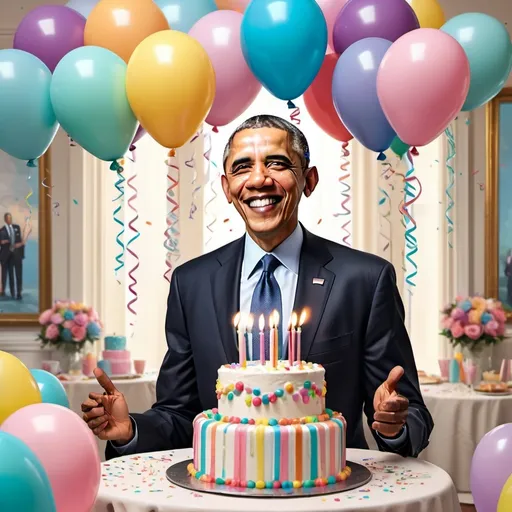 Prompt: (futuristic) image of Barack Obama celebrating his birthday, (pastel color scheme), uplifting atmosphere, vibrant expressions of joy, decorated birthday venue with balloons and streamers, elegant cake with candles, cheerful lighting, gathering with guests, playful and modern decor, digitally painted, high quality, captivating details, evocative scenery, 4K resolution.