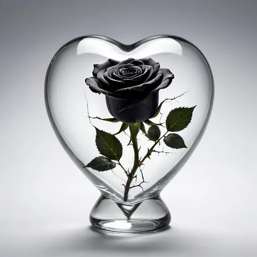 Prompt: a single black rose inside a glass heart with a vertical crack down the middle of the glass heart
