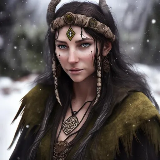 Prompt: a female norse shaman with olive skin and dark hair. in the snowy mountains.