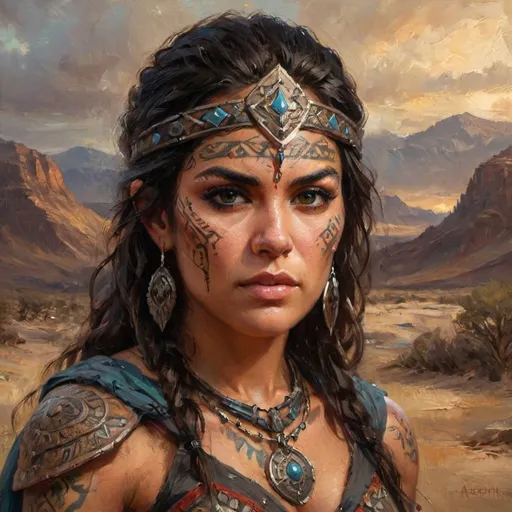 Prompt: Ardeth Bay from The Mummy, but a shield maiden. She has Medjai tattoos on her face, dark hair, dark eyes.