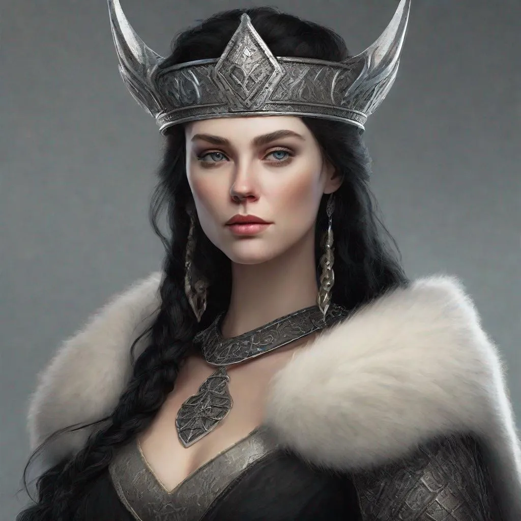 Prompt: A viking queen in black garb. She has black hair, pale skin, and fur around her shoulders. She wears a silver crown.
