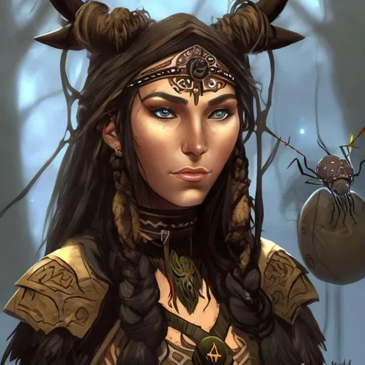 Prompt: a female norse shaman with olive skin and dark hair. she has a pet spider.