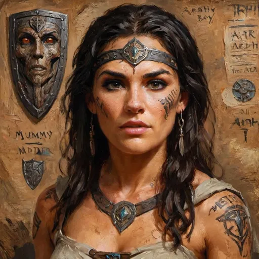 Prompt: Ardeth Bay from The Mummy, but a shield maiden. She has Medjai tattoos on her face, dark hair, brown eyes. She's writing.