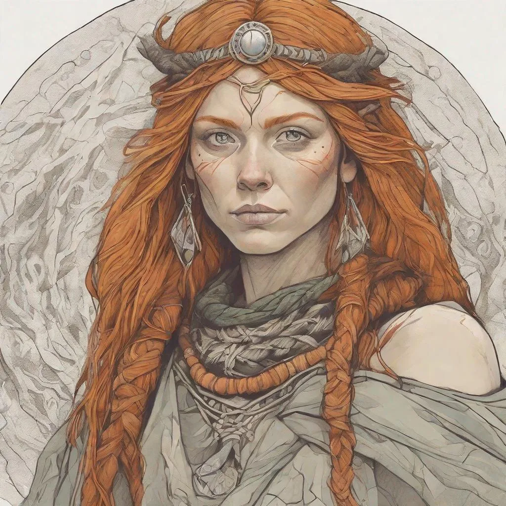 Prompt: a wild female norse shaman with ginger hair