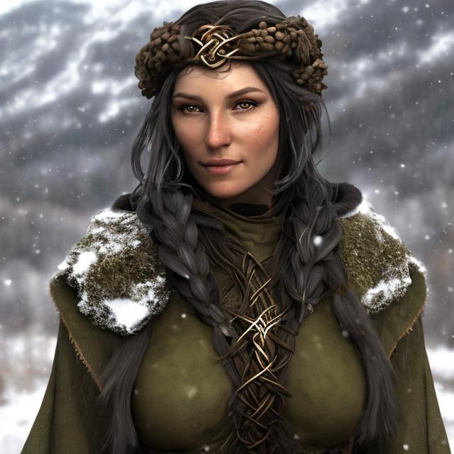 Prompt: a female norse druid with olive skin and dark hair. in the snowy mountains.