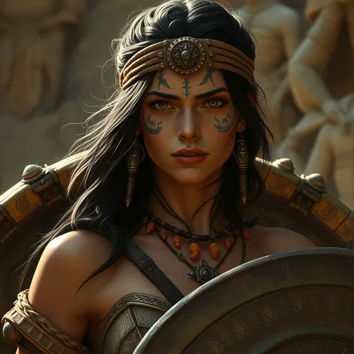 Prompt: Ardeth Bay from The Mummy, but a shield maiden. She has Medjai tattoos on her face, dark hair, brown eyes.