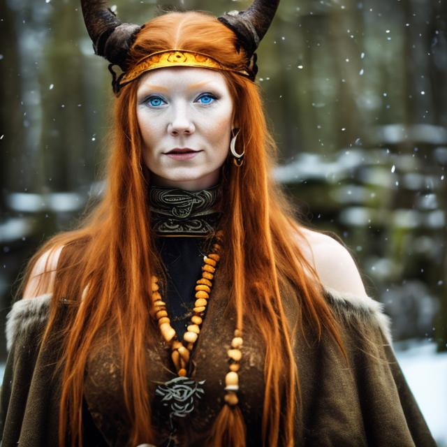 Prompt: a female norse shaman with ginger hair