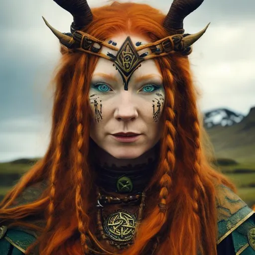 Prompt: a female norse shaman with ginger hair