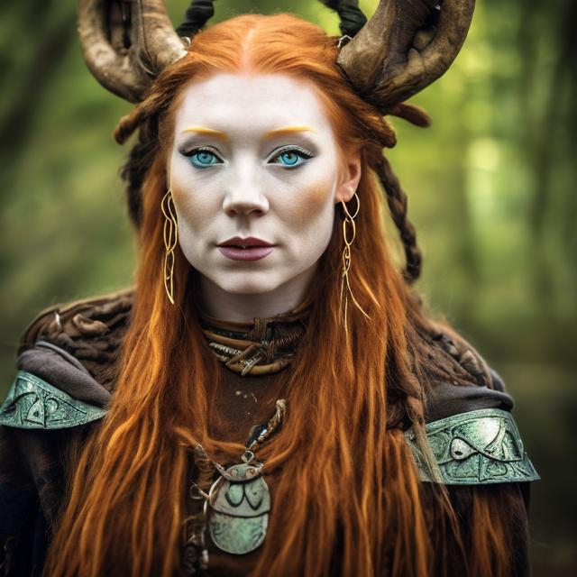 Prompt: a female norse shaman with ginger hair