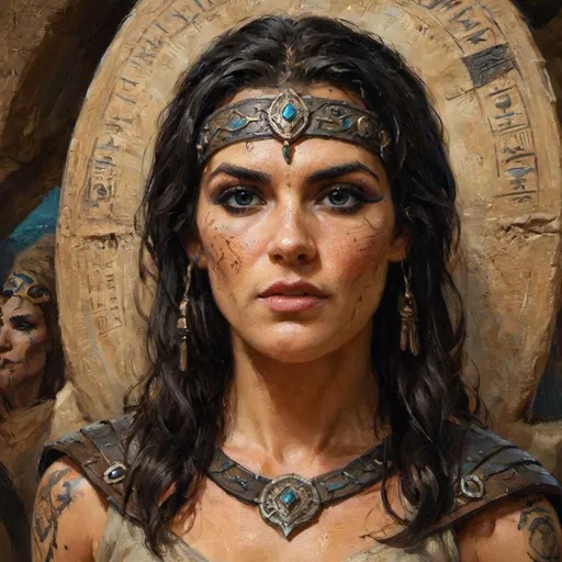 Prompt: Ardeth Bay from The Mummy, but a shield maiden. She has Medjai tattoos on her face, dark hair, dark eyes.