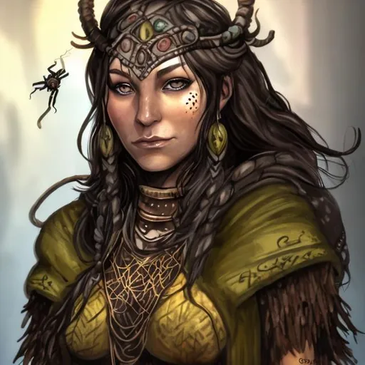 Prompt: a female norse shaman with olive skin and dark hair. she has a pet spider.