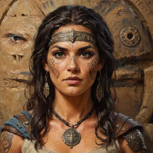 Prompt: Ardeth Bay from The Mummy, but a shield maiden. She has Medjai tattoos on her face, dark hair, brown eyes.